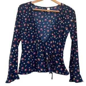 Divided by H&M Wrap Blouse Sz 8 Women's Top Floral Ties Flair Sleeves Navy Blue